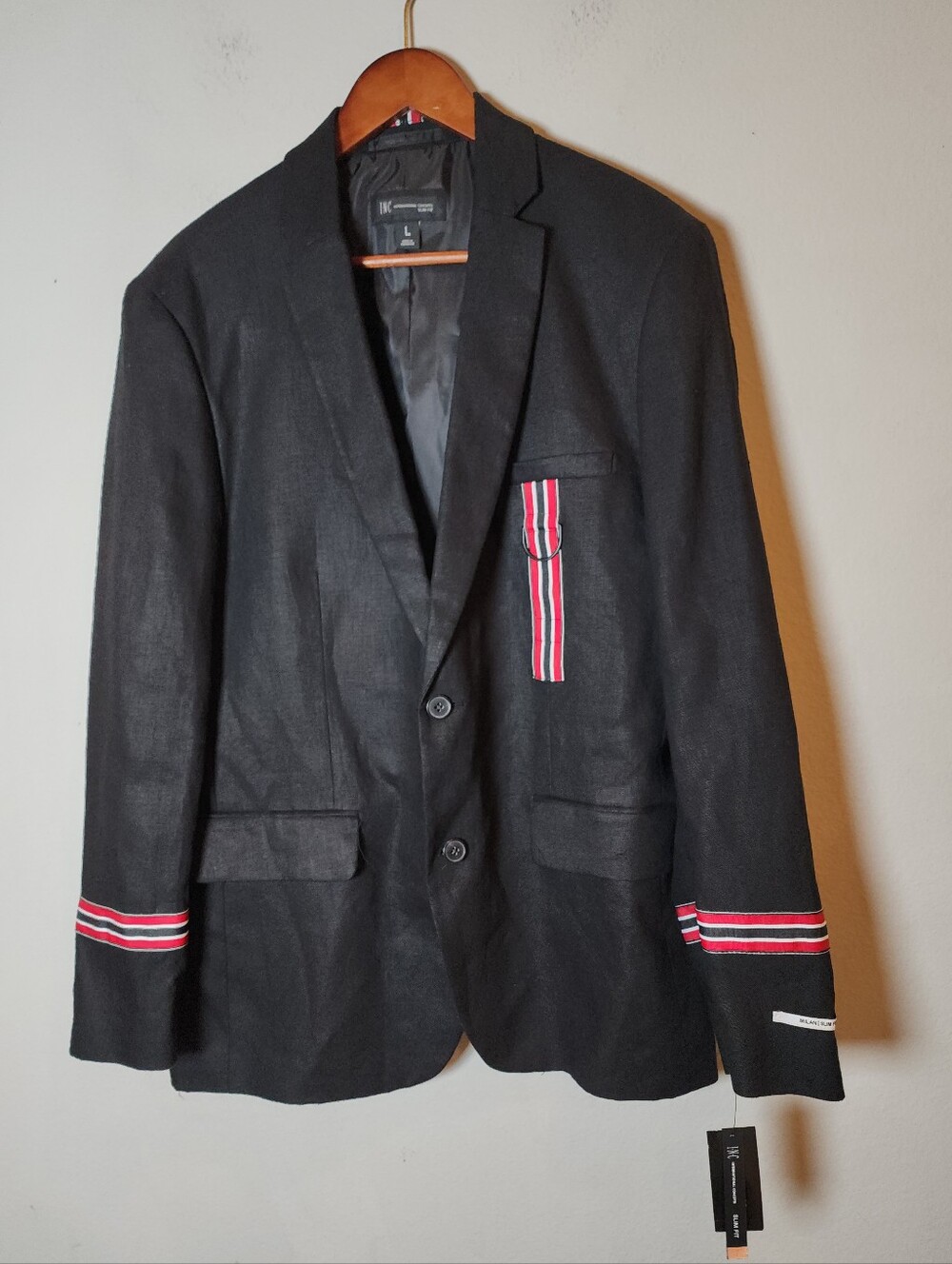 100% Linen NWT Macy's INC Black Track Star Blazer Jacket Milani Slim Fit Large